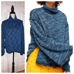 Free People Sunny Days Knit Turtleneck Oversized Sweater Blue Medium